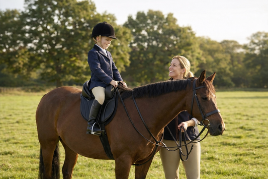 Boy riding horse with woman guiding