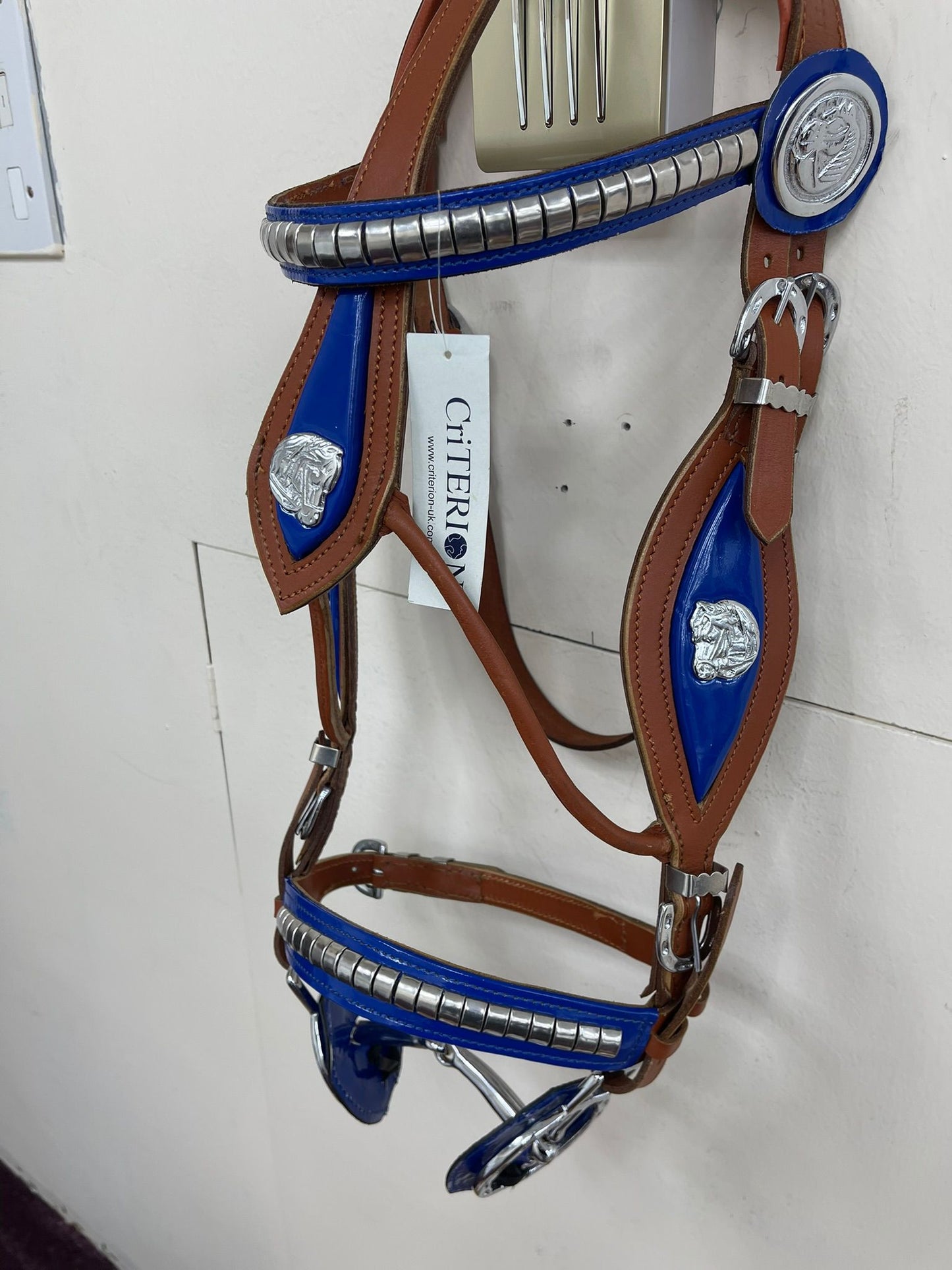 Tan Show Stallion Bridle Blue Inlay with Braided Lead