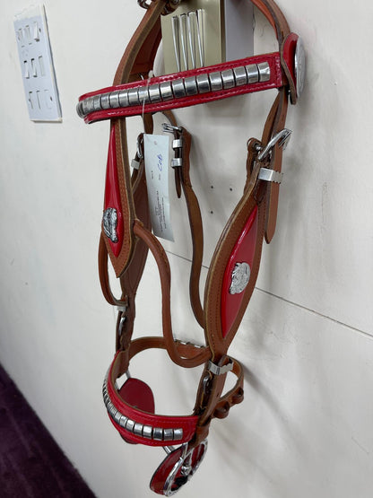 Tan Heavy Show Bridle with Red Inlay & Braided Lead