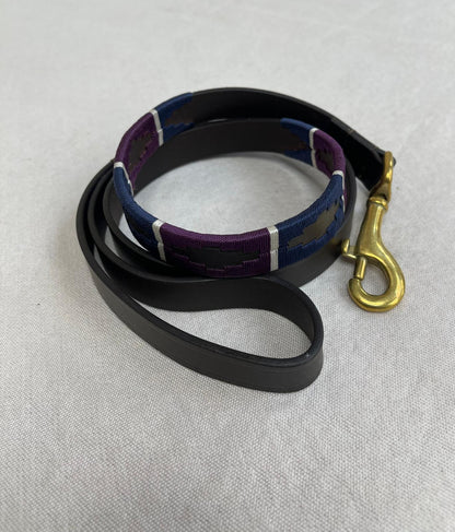 Purple / Navy / Beige Argentinian Polo Dog Collar & Lead Set