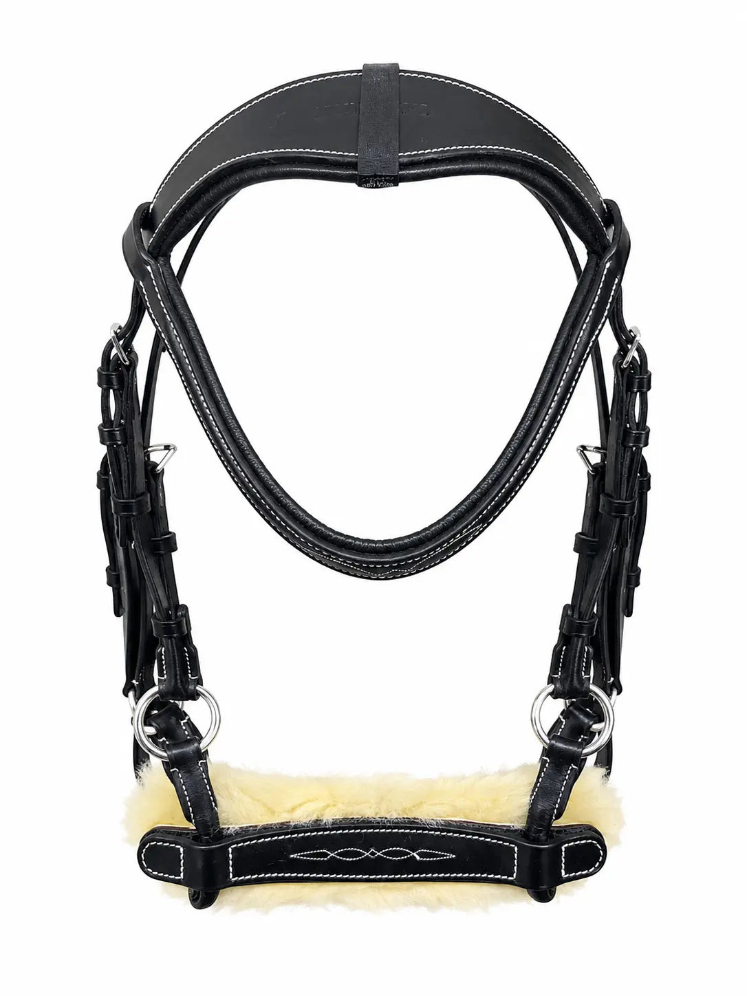 Black leather horse bridle with soft sheepskin padding and white stitching