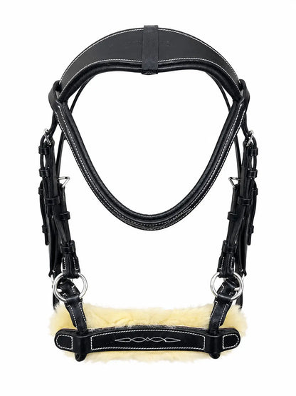 Black leather horse bridle with soft sheepskin padding and white stitching