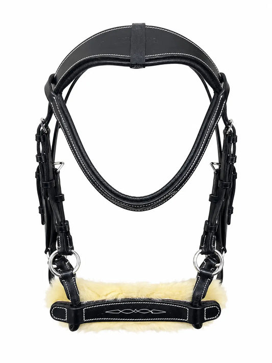 Black leather horse bridle with soft sheepskin padding and white stitching