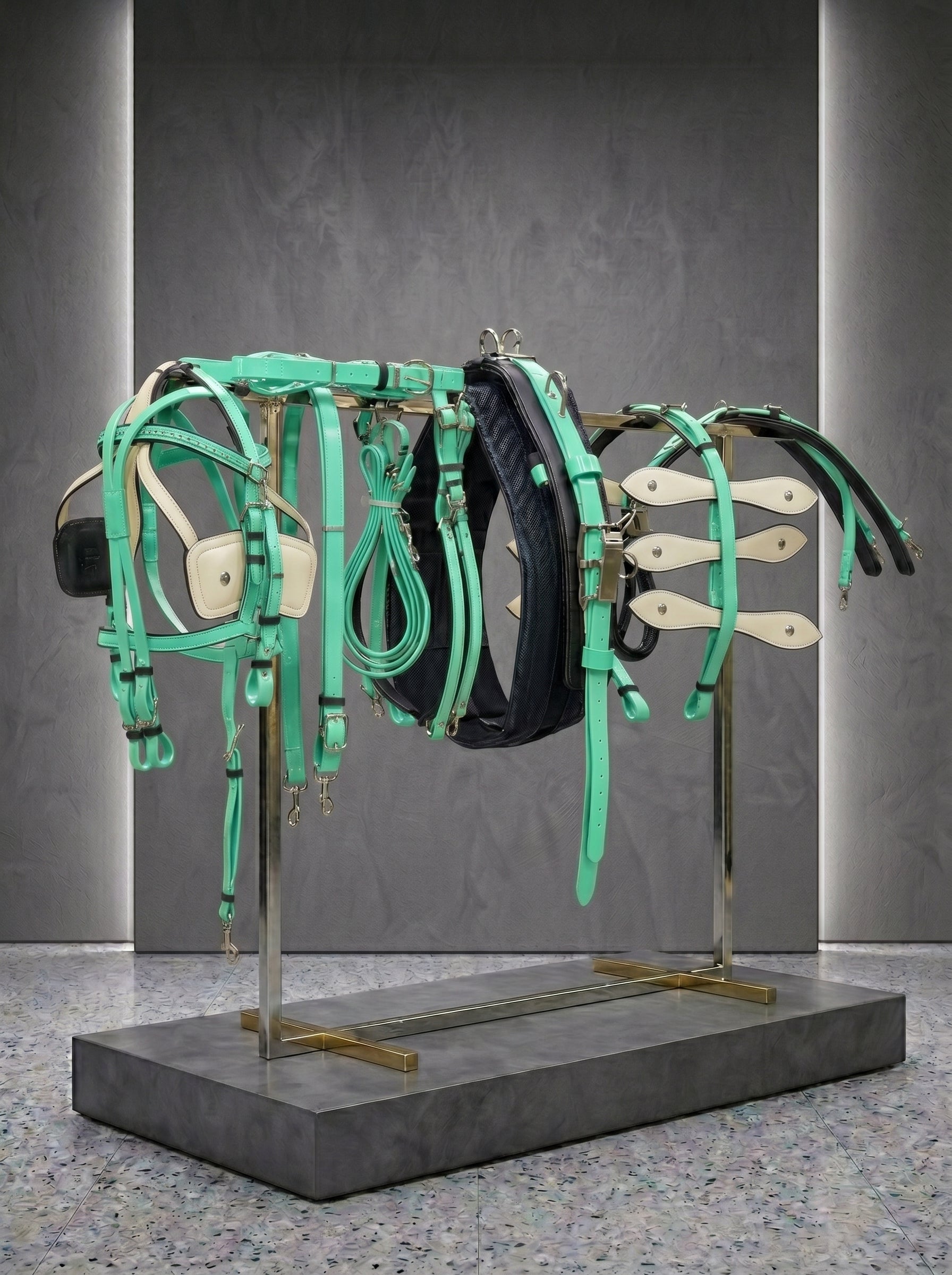 Set of horse bridles on a stand against a gray background